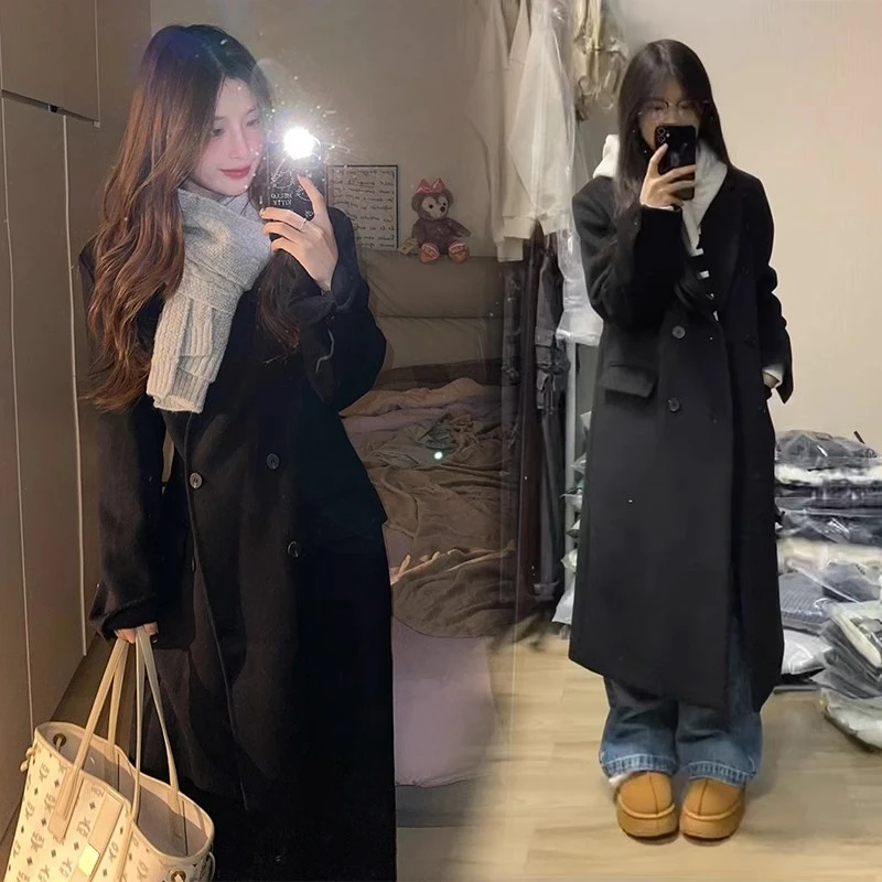 【8256】中长款加厚过膝大衣女外套秋冬高级感黑色双排扣毛呢外套