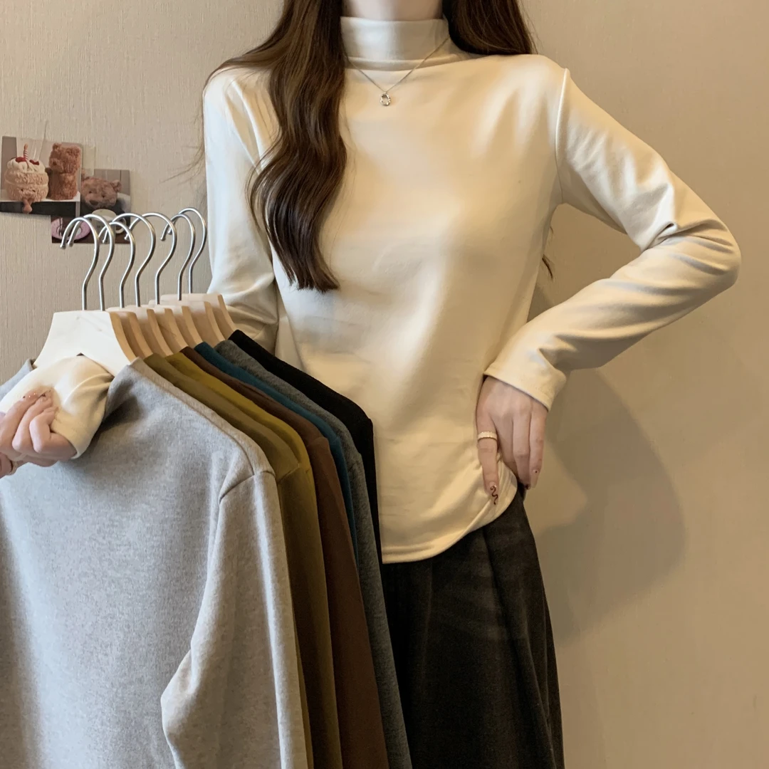 【1663】2024秋新款德绒半高领打底衫T恤内搭长袖外穿正肩上衣女