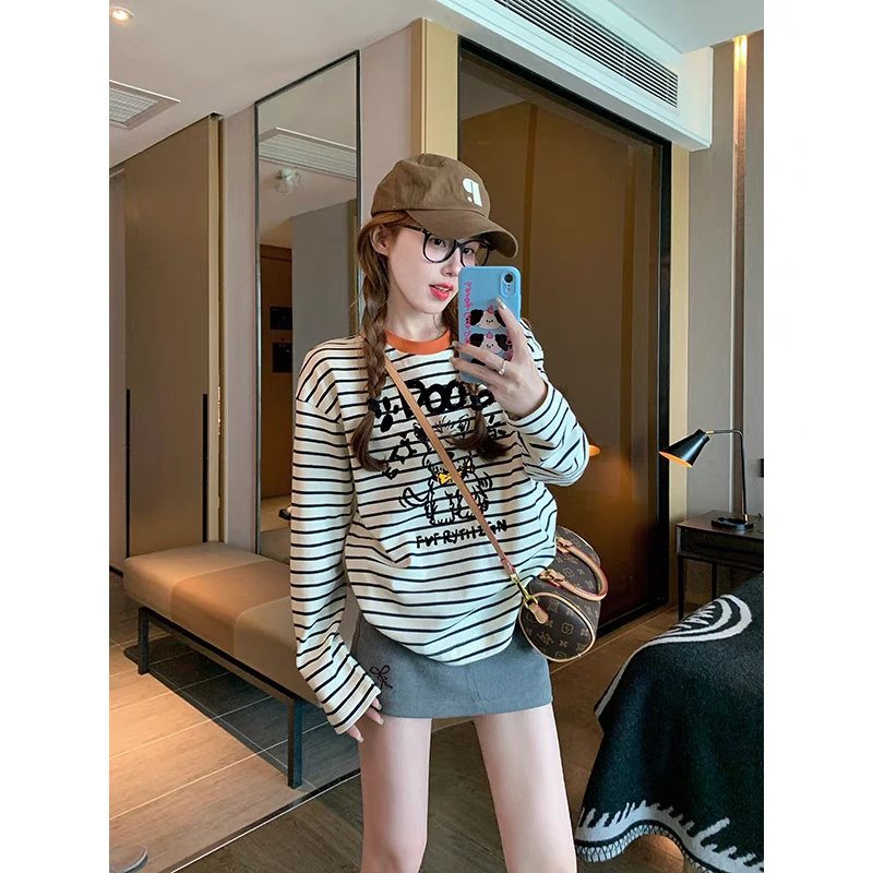 黑白条纹长袖t恤女2025新款秋季美式小个子内搭上衣【直播同价】