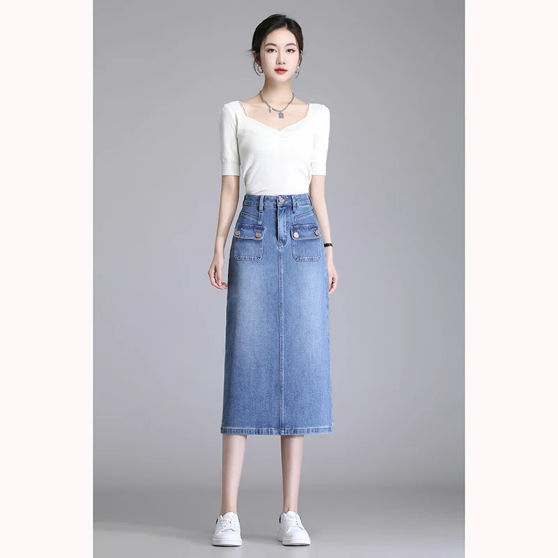 高腰开叉牛仔半身裙女夏季2023年新款复古中长款遮胯百搭a字裙169