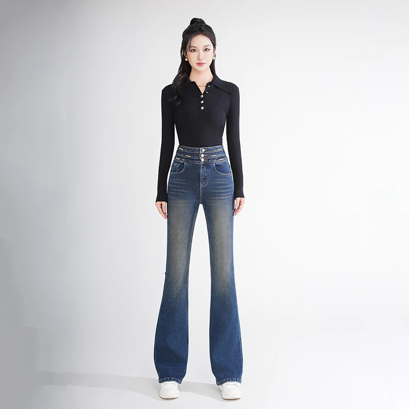 悉研原创加绒高腰冬季新款微喇女装牛仔裤九分休闲显瘦收腹裤9910