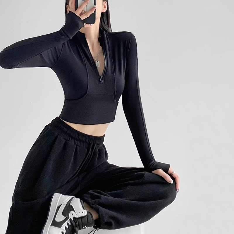 32056网红辣妹短款时尚休闲性感连帽露脐显瘦长袖运动瑜伽高腰