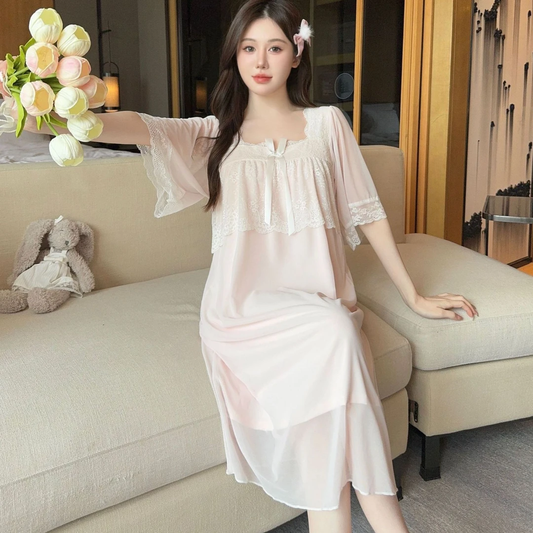 【小美慧】夏薄款宫廷风宽松蕾丝网纱双层性感中长款睡裙女家居服