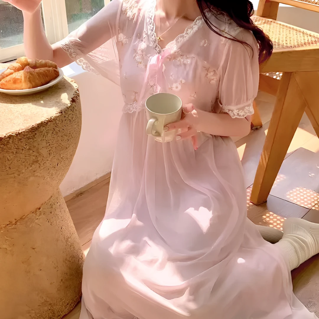 【小美慧】宫廷风胸垫蕾丝莫代尔网纱中长款性感夏家居服薄款睡裙女