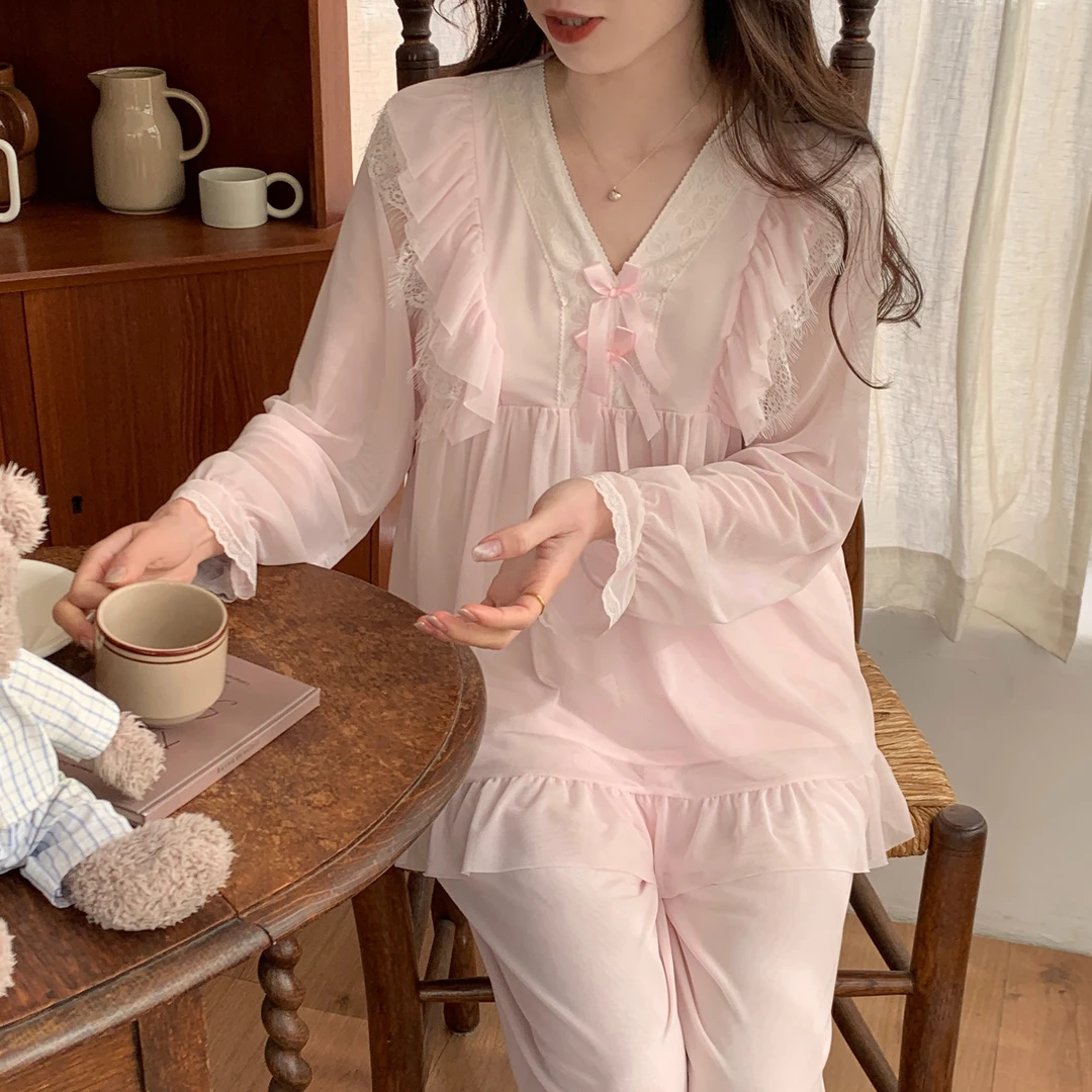 【小美慧】秋季长袖长裤薄款胸垫蕾丝网纱莫代尔套装性感家居服女