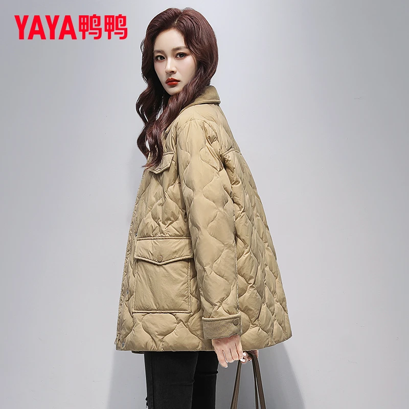 鸭鸭轻薄衬衫领羽绒服女大口袋2025年秋冬季短款休闲百搭鸭绒外套