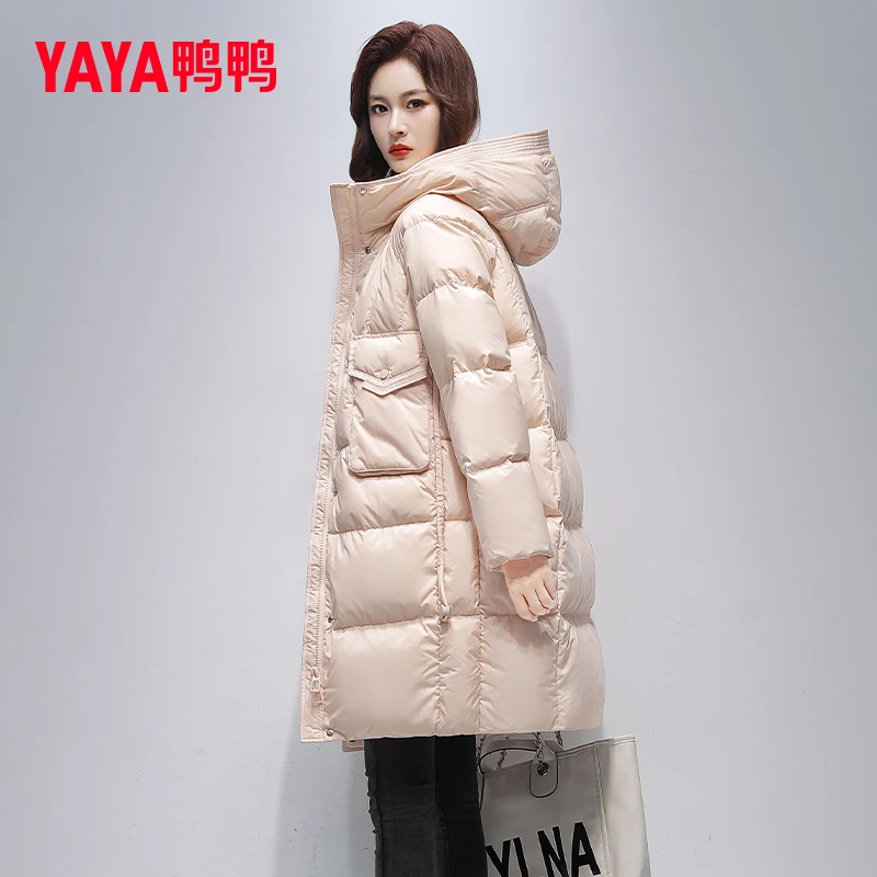 鸭鸭2025年冬季新款羽绒服女中长款时尚宽松显瘦连帽保暖鸭绒外套