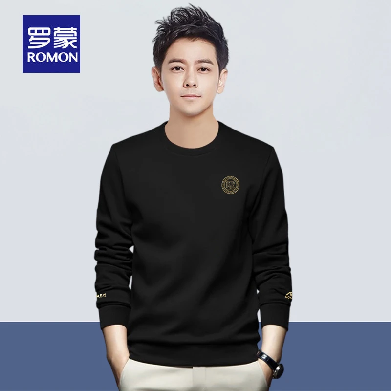 罗蒙秋冬男士加绒套头休闲长袖圆领时尚百搭中年打底衫卫衣男R817