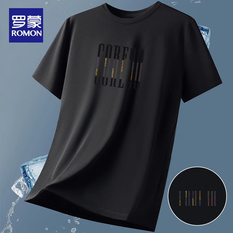 罗蒙夏季冰丝冰感莫代尔男士短袖t恤圆领户外舒适透气半袖上衣服