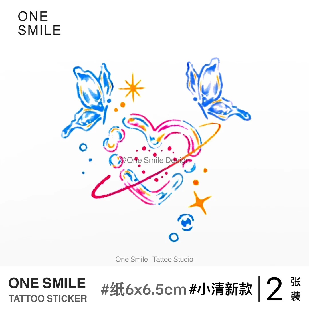 ONESMILE 双蝶心语 情侣可爱卡通防水持久小清新彩色原创手纹身贴