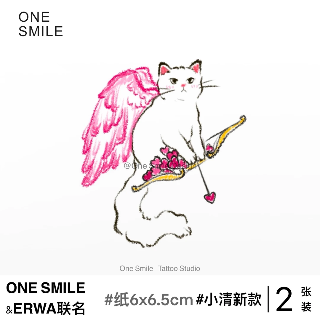 ONESMILE 猫咪丘比特 可爱粉色卡通儿童手臂小清新彩色原创纹身贴