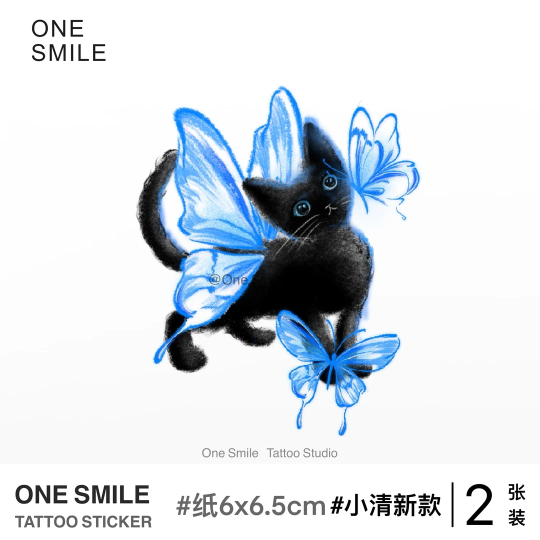 ONESMILE 蓝色蝴蝶小黑猫 德文仙气可爱卡通潮流学生防水纹身贴