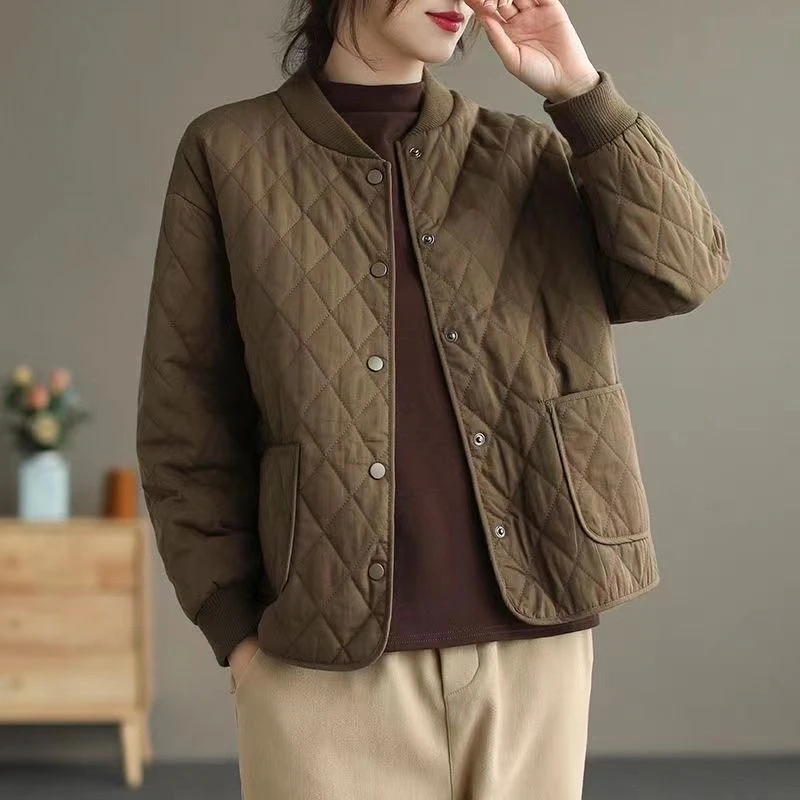 羽绒衣棉衣棉服女秋冬季菱格夹棉轻薄小棉袄2023新款妈妈装短款纯