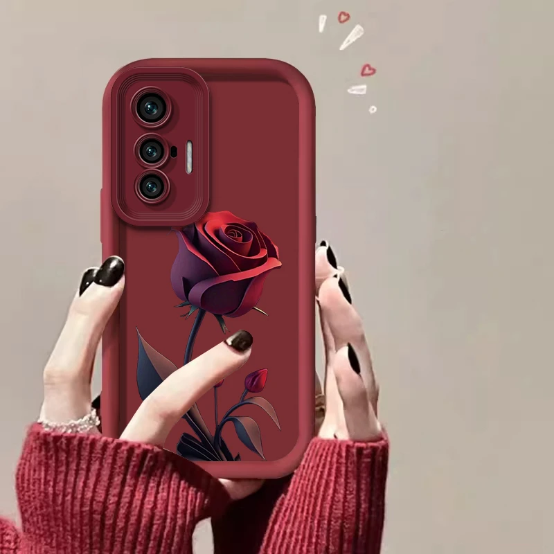 适用【vivo X70】一朵暗红玫瑰亲肤硅胶全包摄像头防摔手机壳