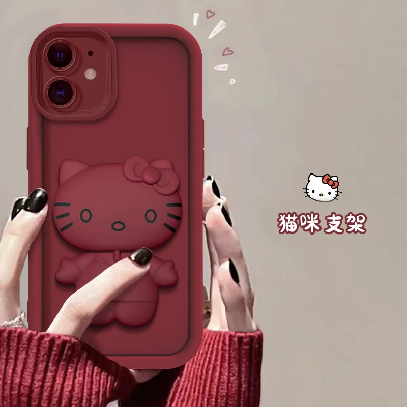 适用苹果11可爱猫猫自带化妆镜支架款镜头全包防摔手机壳