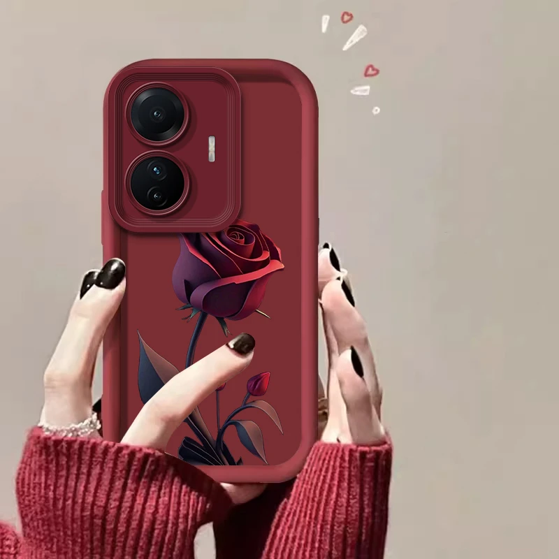 适用【vivo S15E】一朵暗红玫瑰亲肤硅胶全包摄像头防摔手机壳