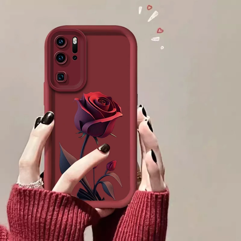 适用【华为P30Pro】一朵暗红玫瑰亲肤硅胶全包摄像头防摔手机壳
