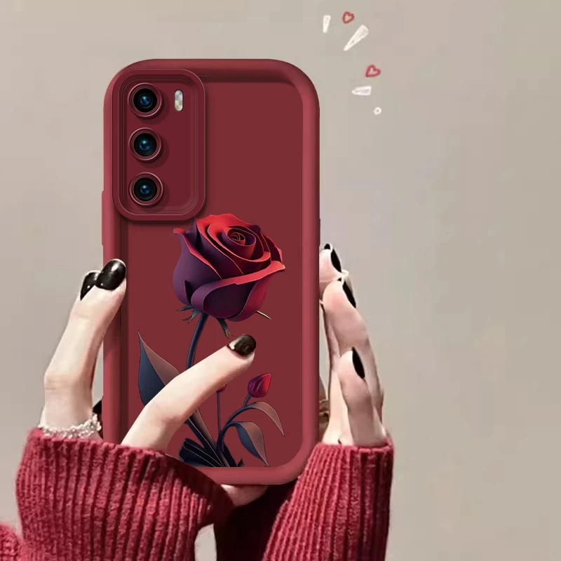 适用【华为P40】一朵暗红玫瑰亲肤硅胶全包摄像头防摔手机壳