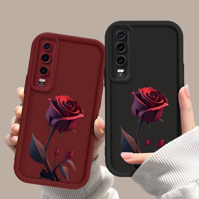 适用于华为P30一朵暗红玫瑰亲肤硅胶全包摄像头防摔手机壳