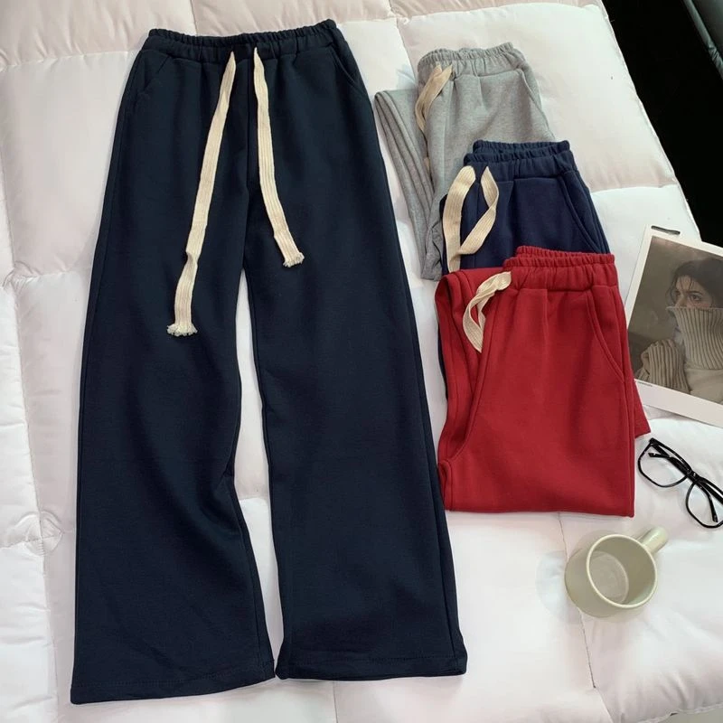 F33纯色简约休闲裤女松紧腰2024秋冬新款宽松显瘦高腰直筒阔腿裤