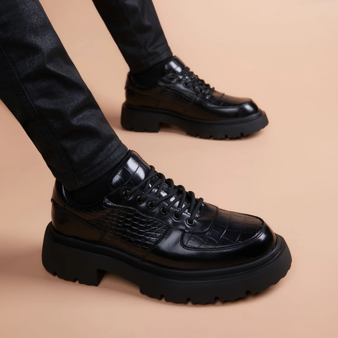 夏季男士时尚百搭休闲男皮鞋真皮透气青年黑色正装圆头系带潮鞋子