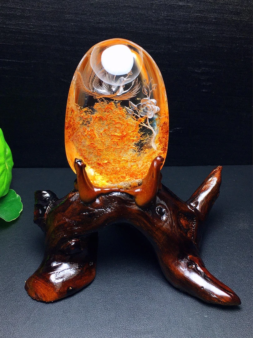 天然黄胶花内雕凤凰小摆件 手把件 规格：75*52*35mm重184.2克