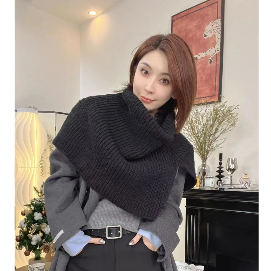 秋冬季时尚百搭开叉高领针织保暖披肩休闲纯色围脖H002-1128