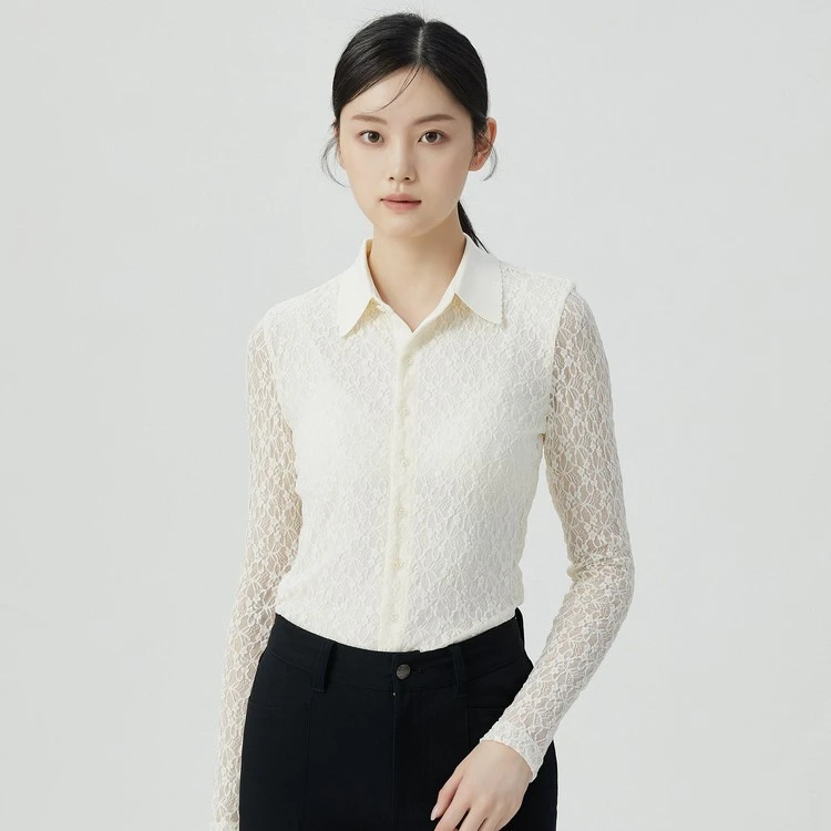 蕾丝高弹修身质感长袖翻领半排扣衬衫1300782
