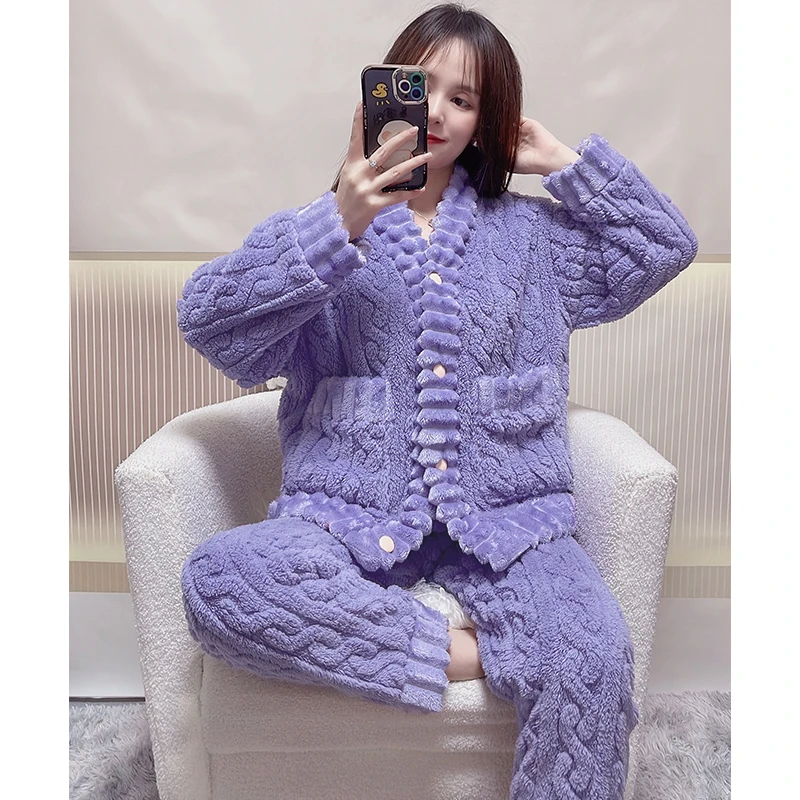 睡衣女秋冬季珊瑚绒加厚加绒保暖家居服套装开衫冬天外穿