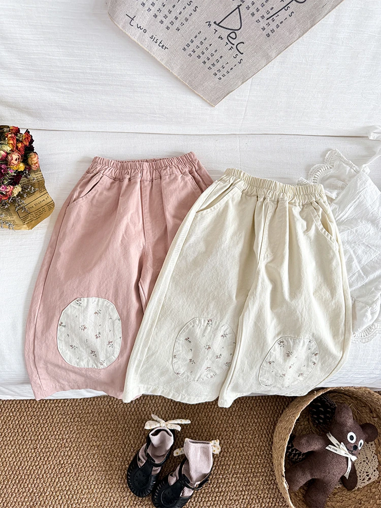 【YX】 女童水洗棉补丁直筒裤外穿SY52008洋气休闲裤宝宝薄款宽松