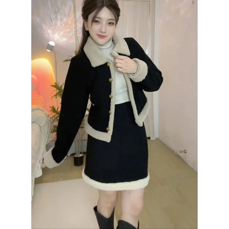 HZ黑色小香风套装裙女冬季2024新款高级感气质小个子两件套短裙