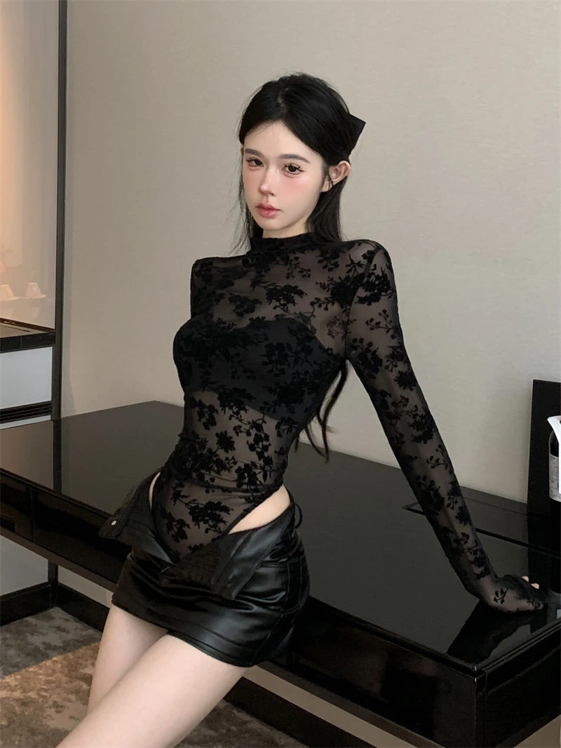 高领长袖打底衣透视性感连体衣植绒花朵网纱弹力辣妹黑色上衣女秋