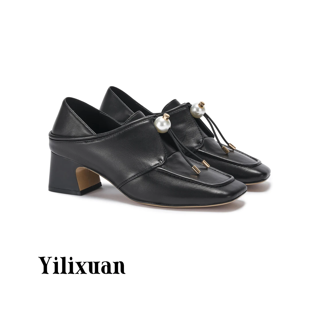 伊丽宣秋季新款真皮深口粗跟一脚蹬通勤百搭法式方头单鞋6699-19