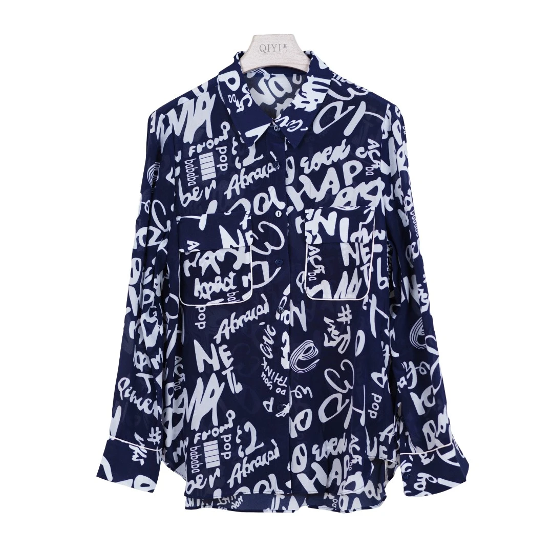 【高端桑蚕丝】秋季洋气减龄百搭英文印花衬衫女新款长袖上衣衬衣