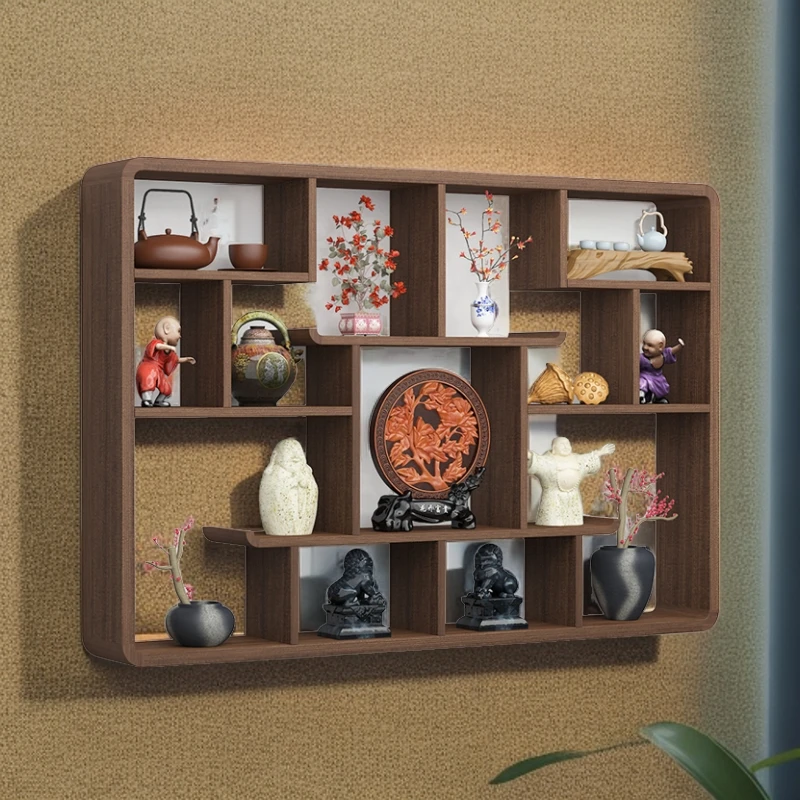 博古架壁挂实木新中式壁挂上墙茶具展示架尺寸背景架多宝阁古董架