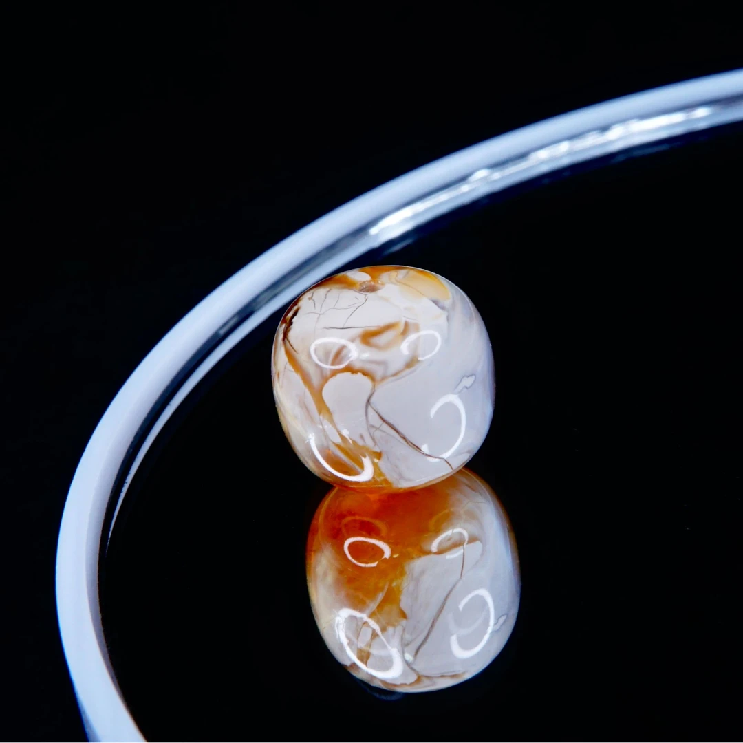 10.9mm瓷白粉沁橘沁妖花老型 天然琥珀蜜蜡瓷润俱佳精品文玩配饰