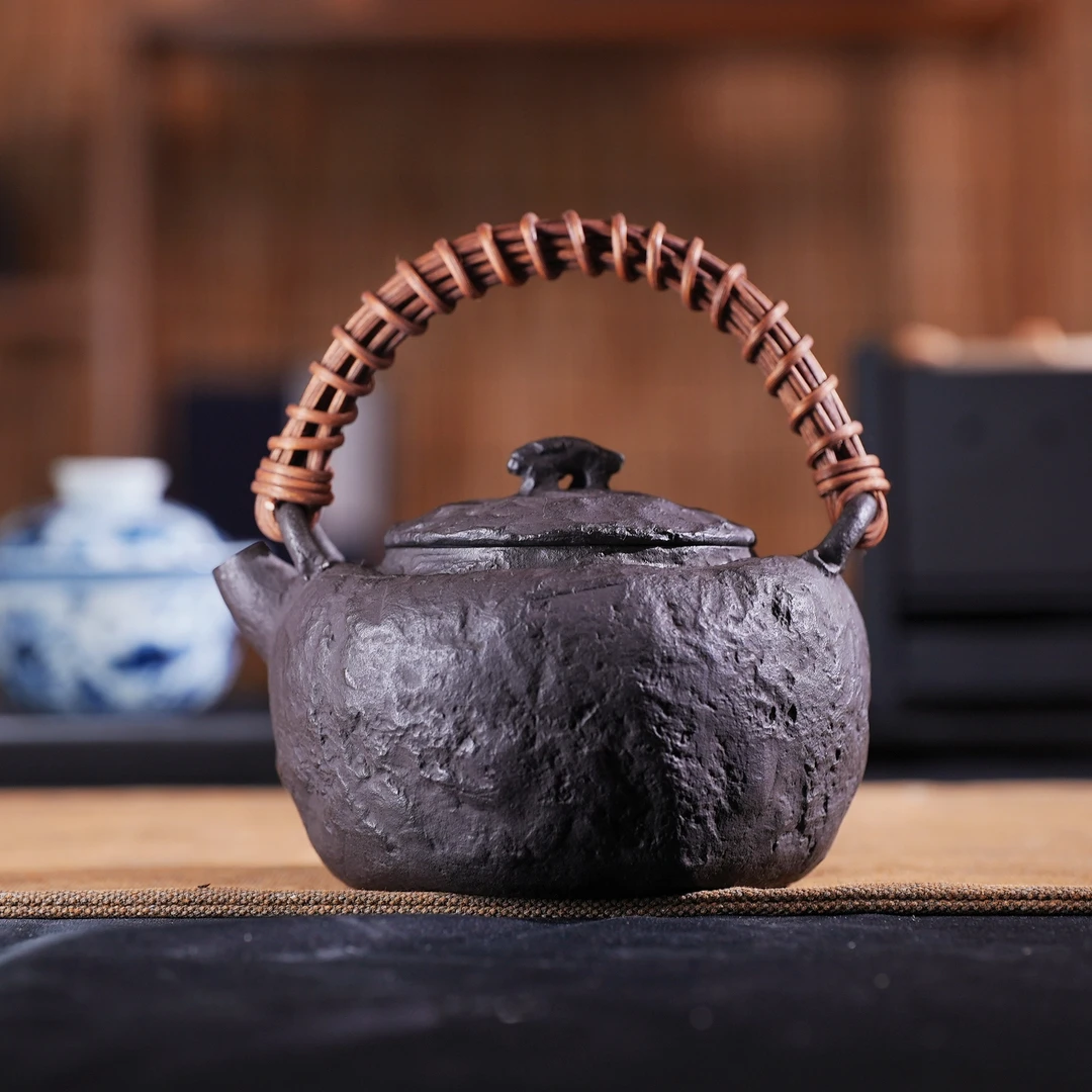 【植物汁内壁】手捏纹岩肌提梁高端复古烧水煮茶陶瓷铁壶泡茶壶茶具