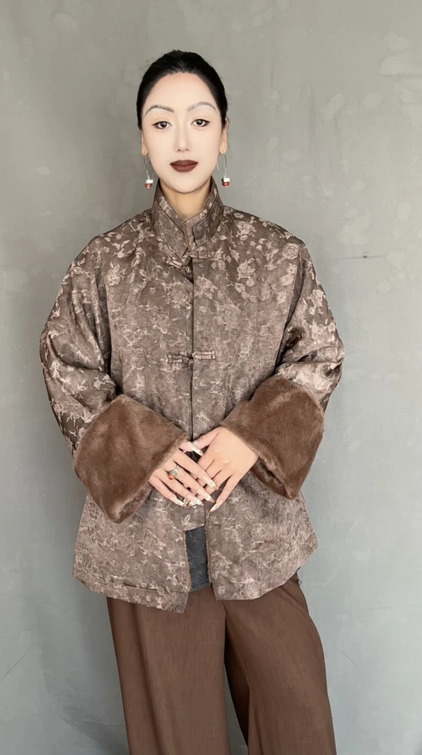 女士外套新款开衫复古中式咖色