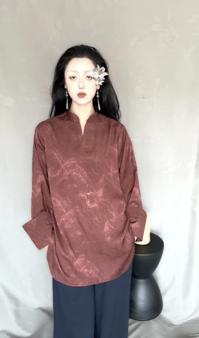 女士衬衣夏季复古宽松中长款斜款