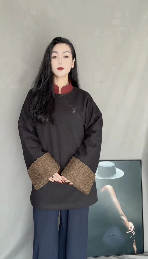 女士外套圆领民族风加绒秋冬棉衣圆领复古圆领外套