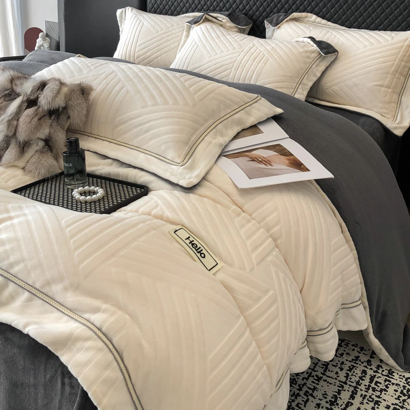 新款双面加厚牛奶绒宽边雕花拼色四件套加绒床单被套套件床上用品