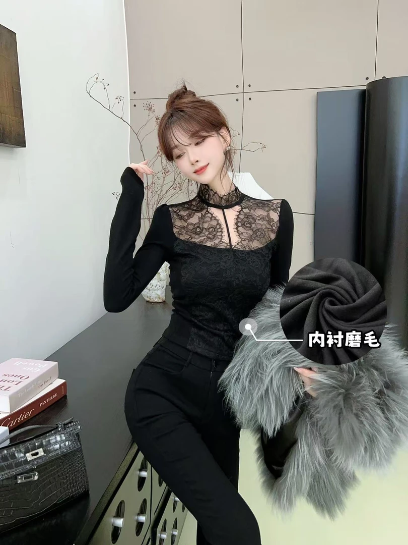 《纯欲性感》挂脖镂空蕾丝拼接上衣 （内里磨毛）（衣长50）（#8355）