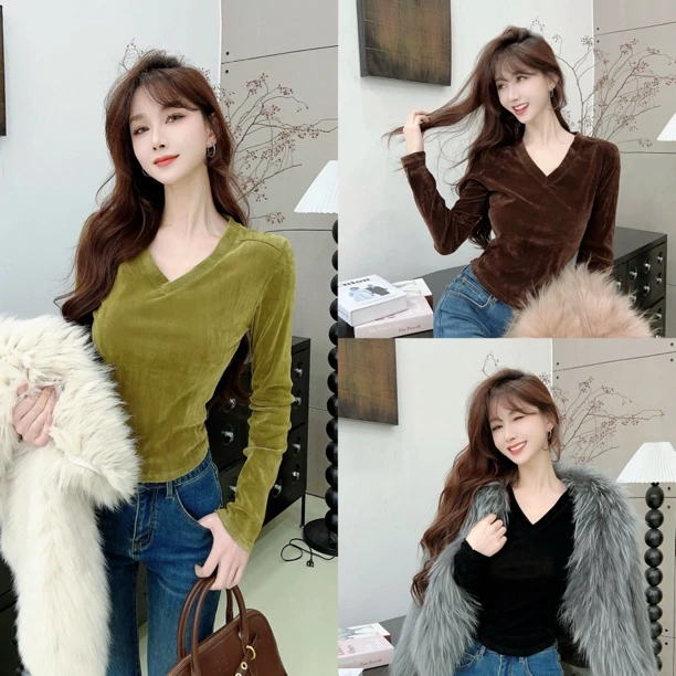 《法式轻奢》设计感V领丝绒气质上衣（衣长53）（#2978）