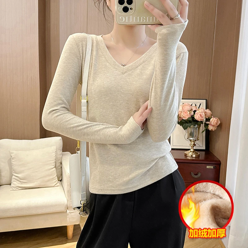 加绒加厚V领打底衫女士秋冬保暖加绒长袖T恤修身洋气上衣百搭内搭