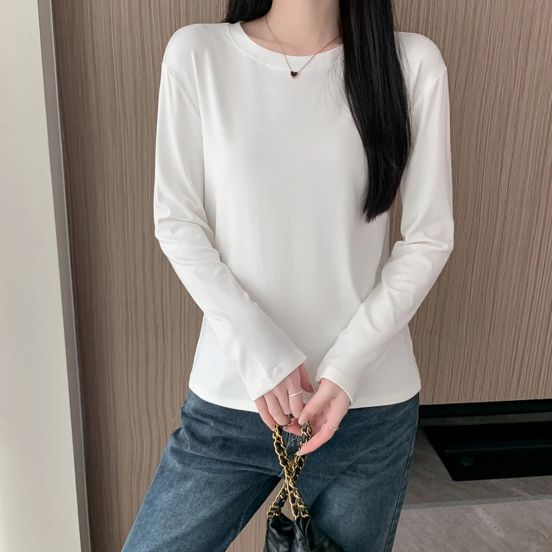 年谜宽松圆领t恤女长袖秋2024显瘦内搭百搭纯色上衣打底衫