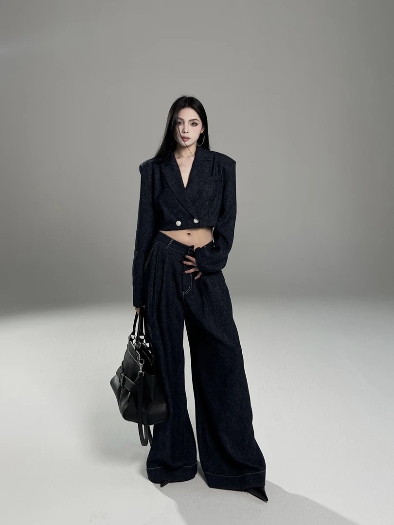 除于七 【随性出街】松弛简约宽松牛仔蓝休闲时尚薄款阔腿裤1769