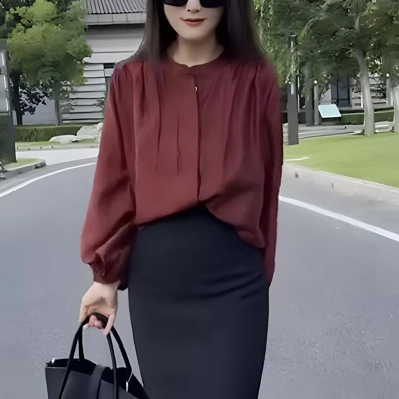 早春新款时尚女装简约通勤立领长袖衬衫纯色百搭衬衣宽松显瘦上衣
