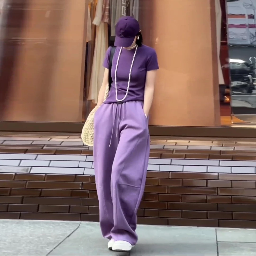 紫色百搭气质遮肉套头T恤小衫女夏秋新款休闲显瘦阔腿裤两件套装