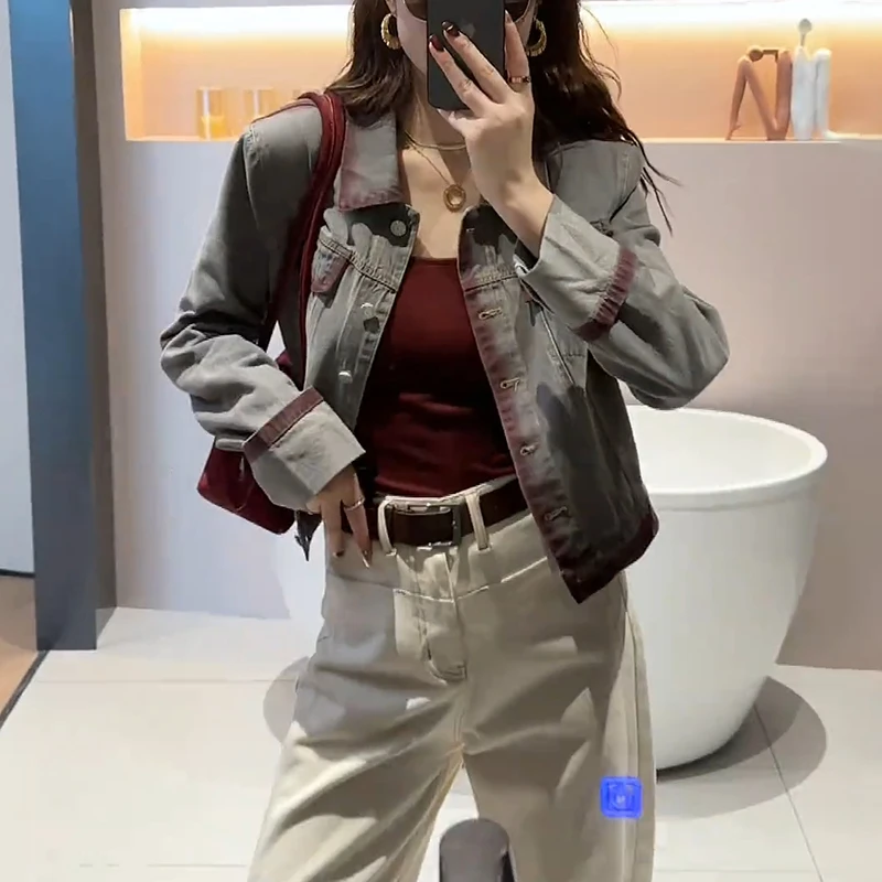 早春新款时尚女装港风复古别致水洗牛仔外套宽松显瘦POLO领上衣潮