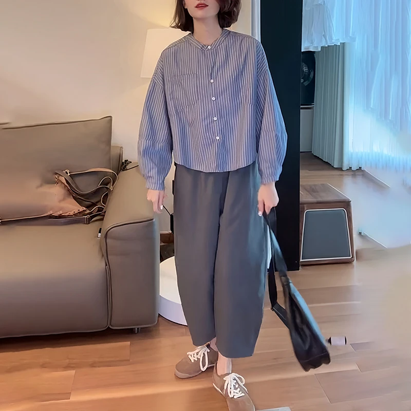 小个子早春休闲一整套穿搭女洋气条纹长袖衬衫高腰显瘦休闲裤套装